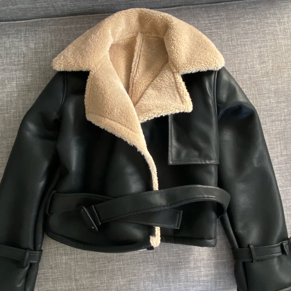 Sherpa-lined black faux leather Jacket